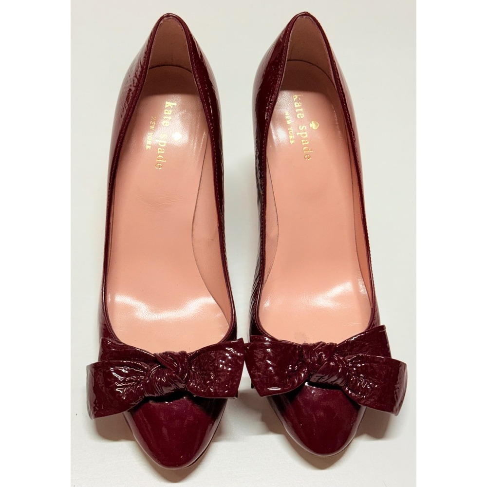 Kate Spade Licorice Burgundy Patent Leather Bow Kitten Heel Pumps‎ Womens 7B